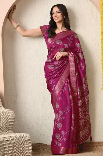 pink paisley print cotton silk saree with unstitched blouse piece
