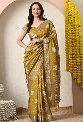 mustard block print cotton silk saree with unstitched blouse piece 1
