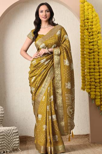 mustard block print cotton silk saree with unstitched blouse piece