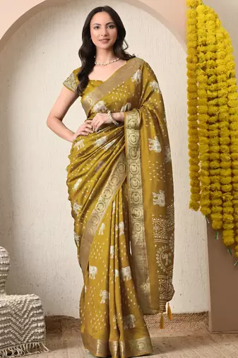 mustard block print cotton silk saree with unstitched blouse piece