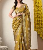 mustard block print cotton silk saree with unstitched blouse piece