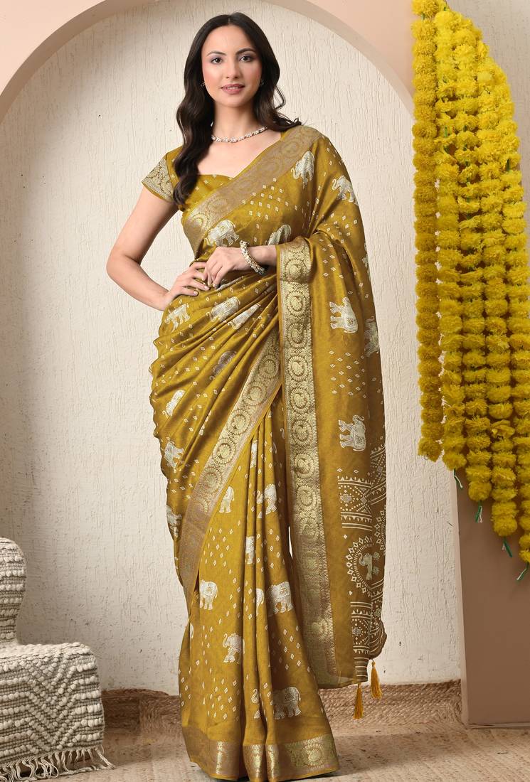 mustard block print cotton silk saree with unstitched blouse piece