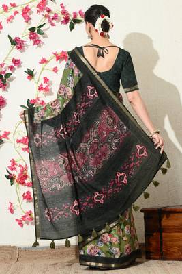 green floral printed viscose  saree with unstitched blouse piece 4