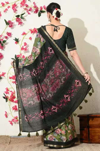 green floral printed viscose  saree with unstitched blouse piece