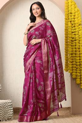 pink paisley print cotton silk saree with unstitched blouse piece 3