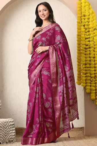 pink paisley print cotton silk saree with unstitched blouse piece