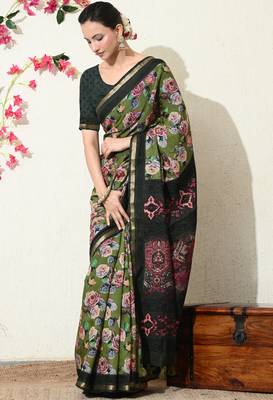 green floral printed viscose  saree with unstitched blouse piece 5