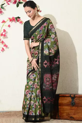 green floral printed viscose  saree with unstitched blouse piece