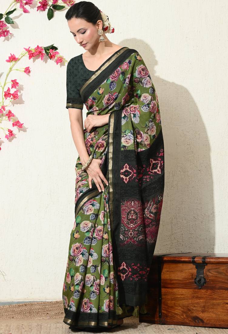 green floral printed viscose  saree with unstitched blouse piece