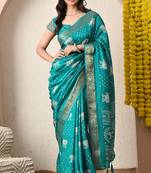 teal block print cotton silk saree with unstitched blouse piece
