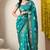 teal block print cotton silk saree with unstitched blouse piece