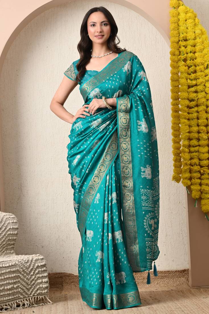 teal block print cotton silk saree with unstitched blouse piece