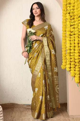 mustard block print cotton silk saree with unstitched blouse piece