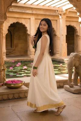 Kasavu a line gown with lotus applique work 2