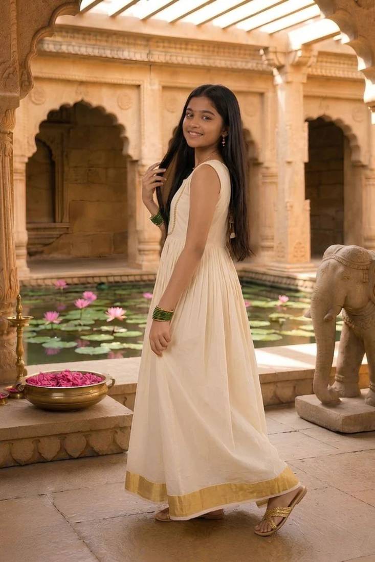 Kasavu a line gown with lotus applique work