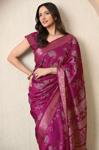 pink paisley print cotton silk saree with unstitched blouse piece