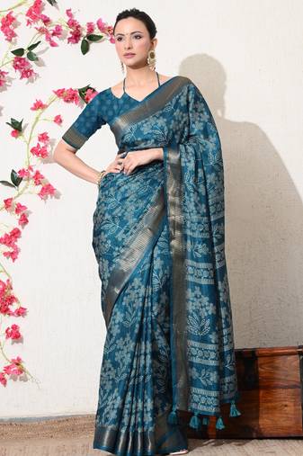 turquoise leaf print cotton silk saree with unstitched blouse piece