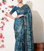 turquoise leaf print cotton silk saree with unstitched blouse piece