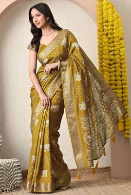 mustard block print cotton silk saree with unstitched blouse piece 3