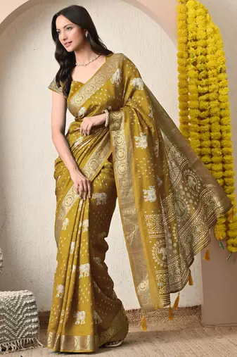 mustard block print cotton silk saree with unstitched blouse piece