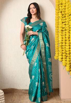 teal block print cotton silk saree with unstitched blouse piece 2