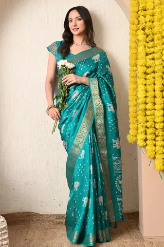 teal block print cotton silk saree with unstitched blouse piece