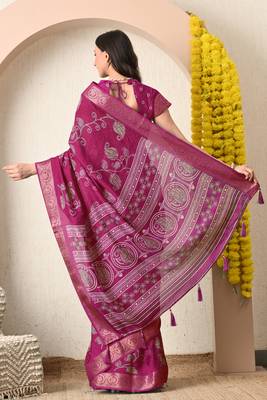 pink paisley print cotton silk saree with unstitched blouse piece 5
