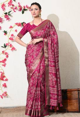 pink leaf print cotton silk saree with unstitched blouse piece 1