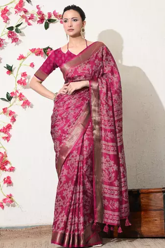 pink leaf print cotton silk saree with unstitched blouse piece