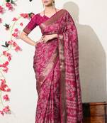 pink leaf print cotton silk saree with unstitched blouse piece