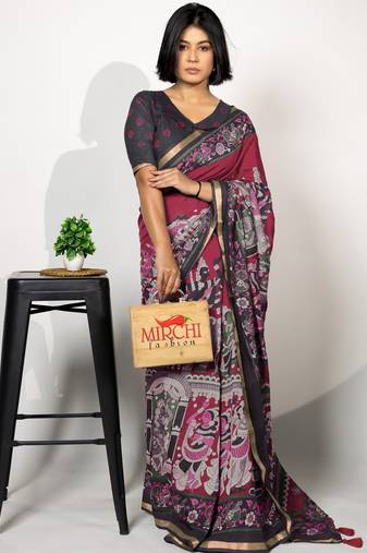 pink madhubani,ethnic printed viscose  saree with unstitched blouse piece