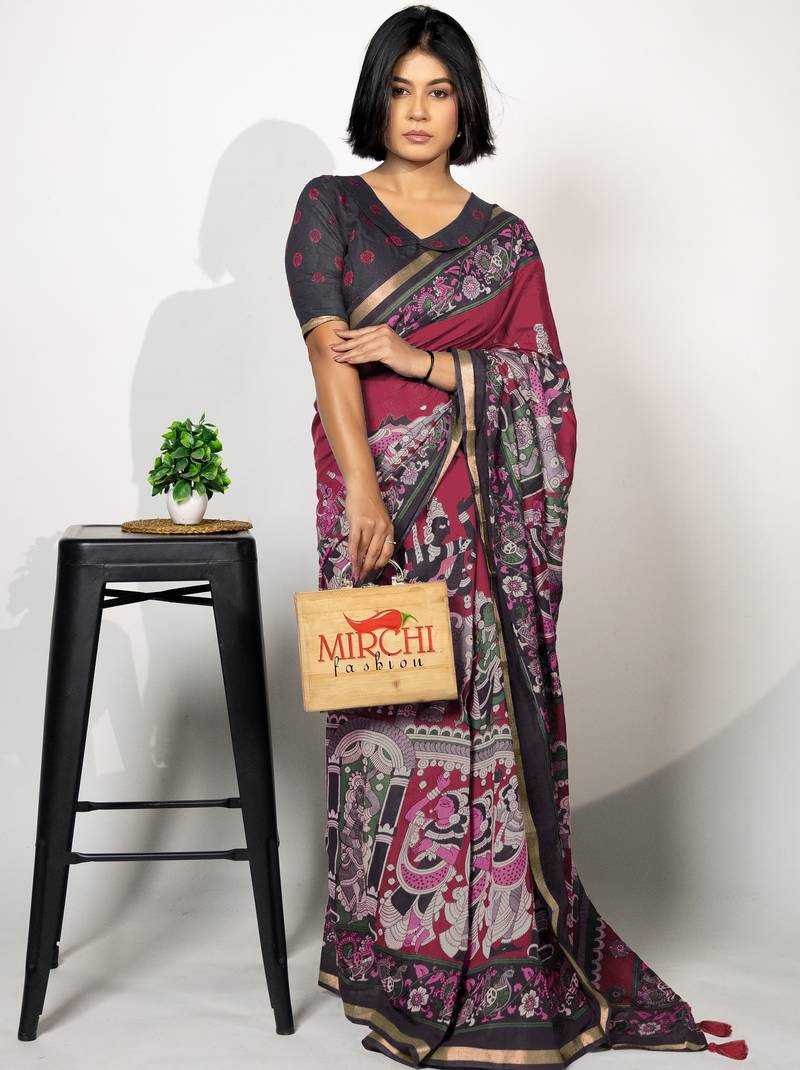 pink madhubani,ethnic printed viscose  saree with unstitched blouse piece