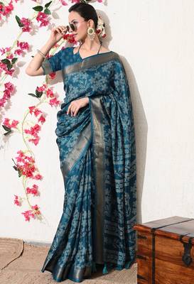 turquoise leaf print cotton silk saree with unstitched blouse piece 2