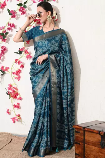 turquoise leaf print cotton silk saree with unstitched blouse piece