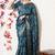 turquoise leaf print cotton silk saree with unstitched blouse piece