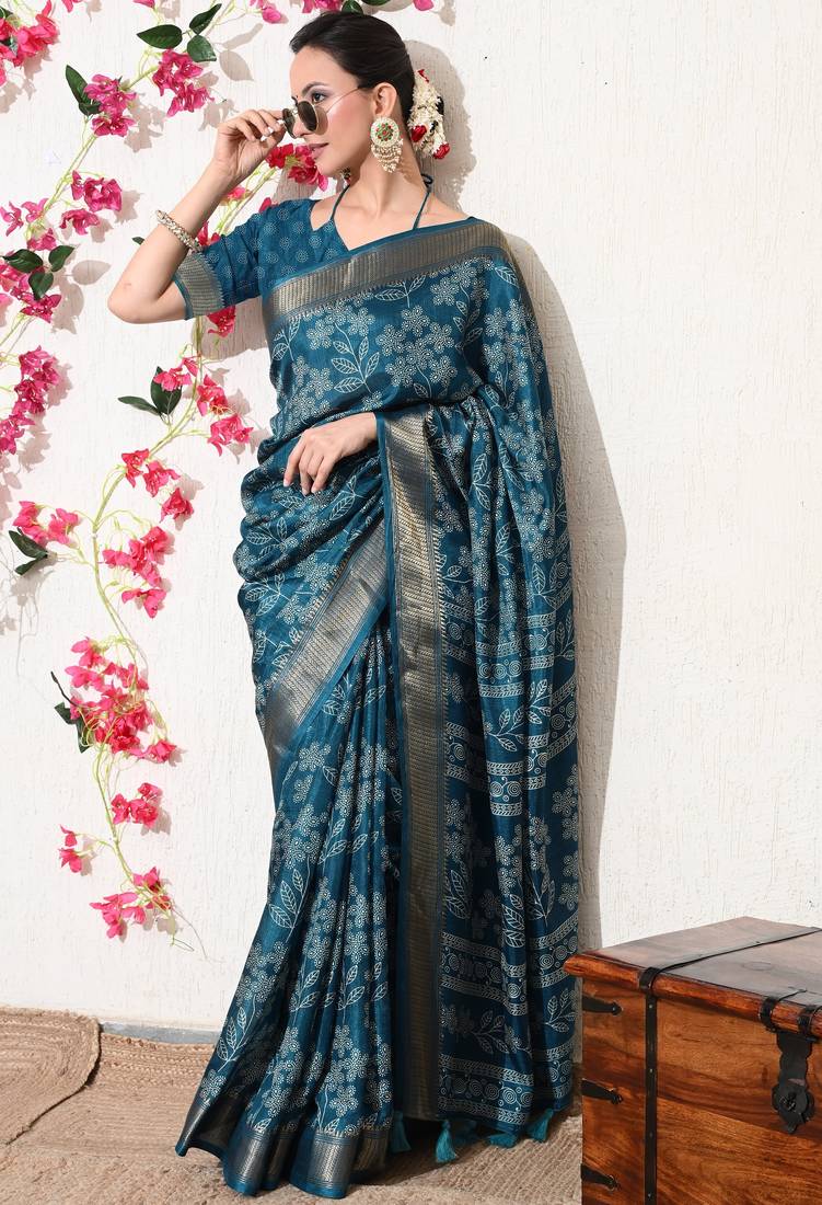 turquoise leaf print cotton silk saree with unstitched blouse piece