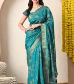 teal paisley print cotton silk saree with unstitched blouse piece