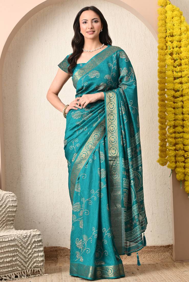 teal paisley print cotton silk saree with unstitched blouse piece