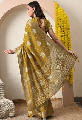 mustard block print cotton silk saree with unstitched blouse piece 4