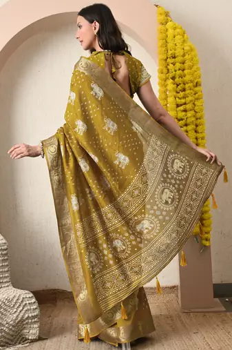 mustard block print cotton silk saree with unstitched blouse piece
