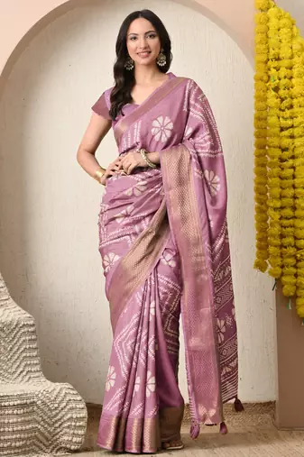 pink floral printed cotton silk saree with unstitched blouse piece