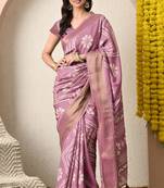 pink floral printed cotton silk saree with unstitched blouse piece