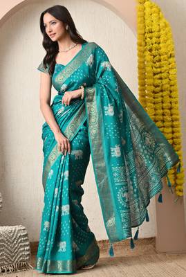 teal block print cotton silk saree with unstitched blouse piece 3