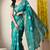 teal block print cotton silk saree with unstitched blouse piece
