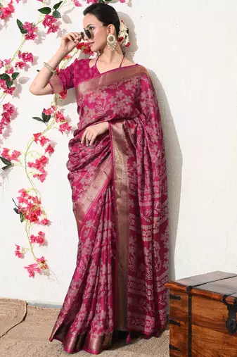 pink leaf print cotton silk saree with unstitched blouse piece