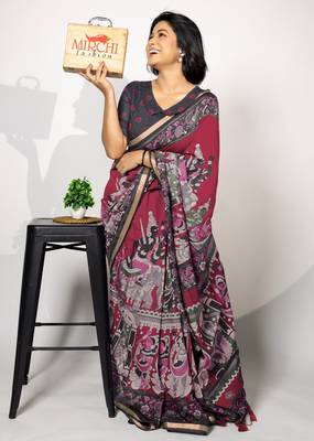 pink madhubani,ethnic printed viscose  saree with unstitched blouse piece 2