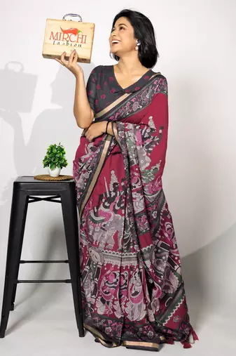 pink madhubani,ethnic printed viscose  saree with unstitched blouse piece