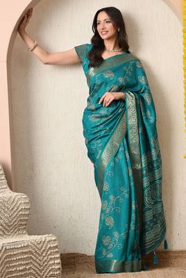teal paisley print cotton silk saree with unstitched blouse piece 2