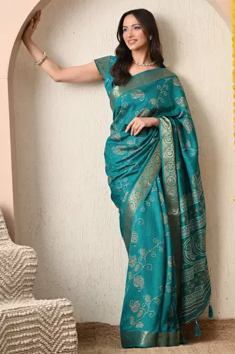 teal paisley print cotton silk saree with unstitched blouse piece