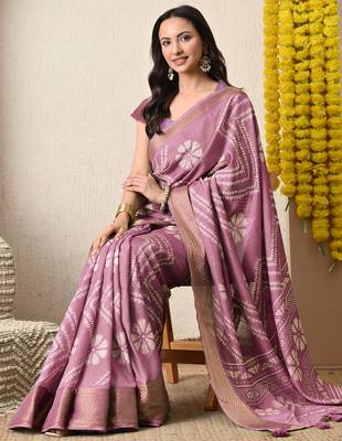 pink floral printed cotton silk saree with unstitched blouse piece 2